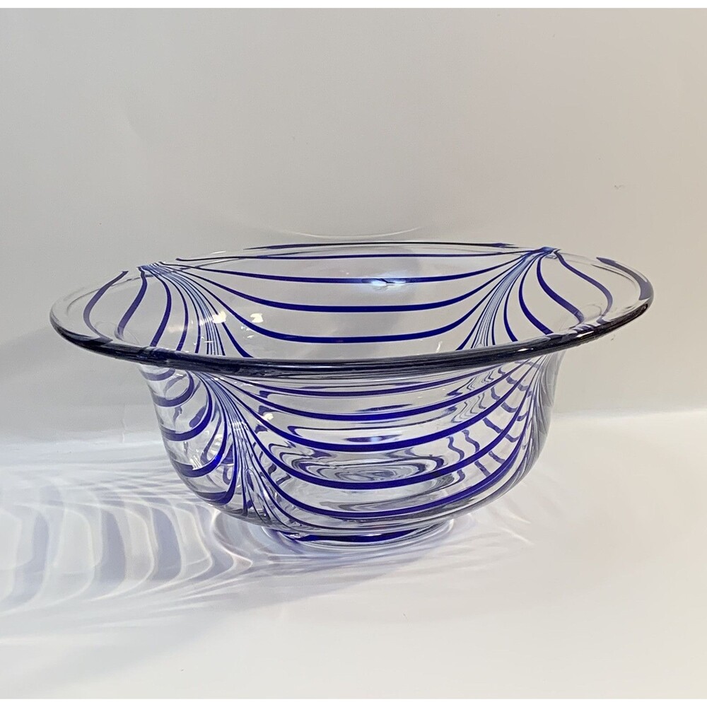 Clear Art Glass Bowl Blue Pulled Ribbon Swirls MCM Handmade Pontil Base Marked M